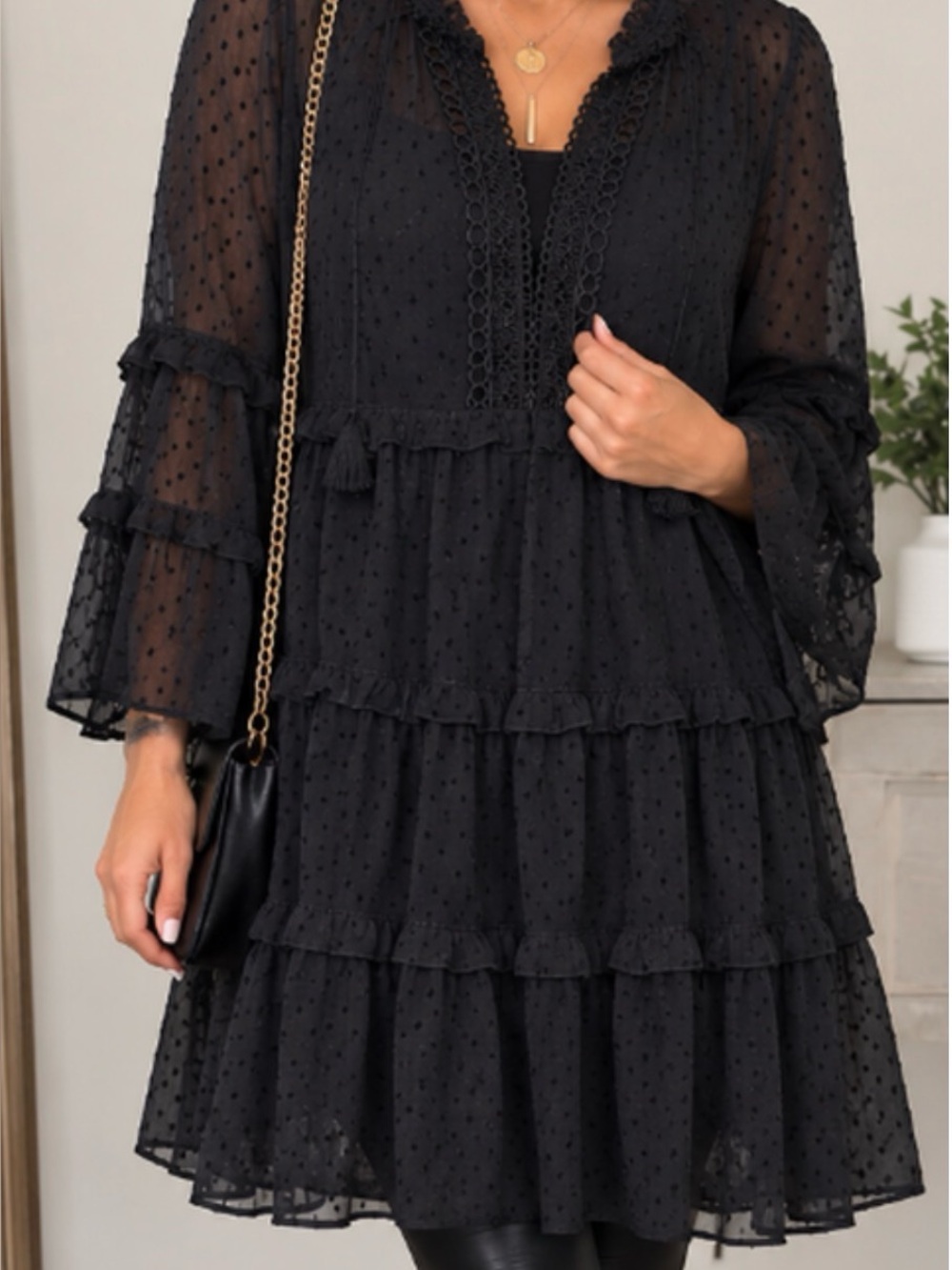 Boho, Goth, 🖤 Love Stitch sheer Black Swiss Dot Tiered Dress — NWT Very Romantic